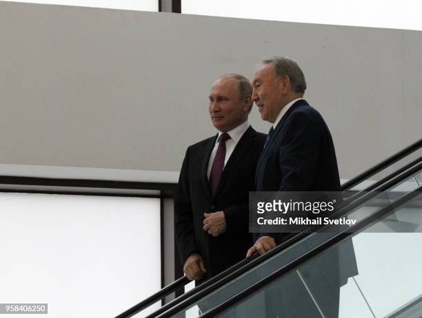 Russian President Vladimir Putin and Kazakh President Nursultan Nazarbayev arrive to the Eurasian Economic Union Summit May 14, 2018 in Sochi,...