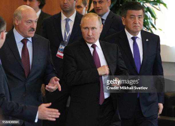 Belarussian President Alexander Lukashenko, Russian President Vladimir Putin,, Kyrgyz President Sooronbay Jeenbekov are seen at the Eurasian Economic...