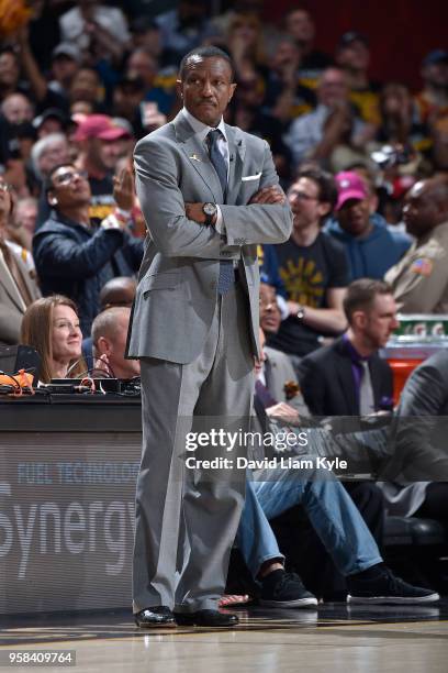 Head Coach Dwane Casey of the Toronto Raptors looks on against the Cleveland Cavaliers during Game Three of the Eastern Conference Semi Finals of the...