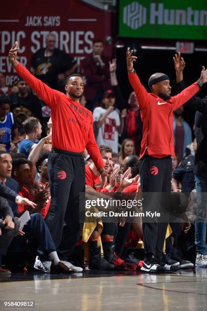 Lorenzo Brown of the Toronto Raptors reacts against the Cleveland Cavaliers during Game Three of the Eastern Conference Semi Finals of the 2018 NBA...
