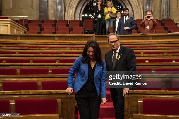 Quim Torra shake hands with Marcela Topor, wife of Carles Puigdemont former President of Catalonia, after being elected the new President of...