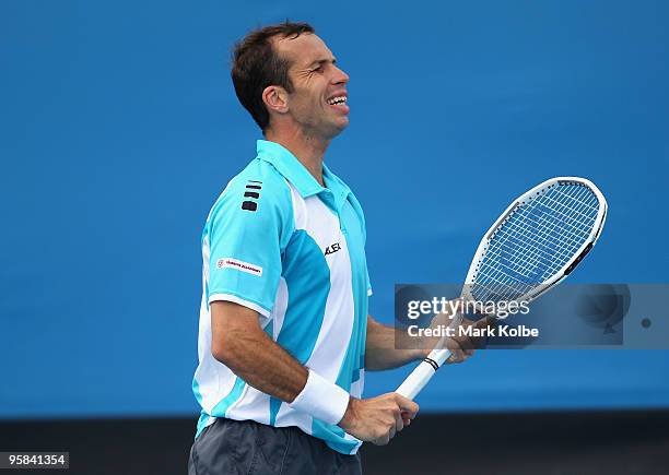 Radek Stepanek of the Czech Republic reacts after a point in his first round match against Ivo Karlovic of Croatia during day one of the 2010...