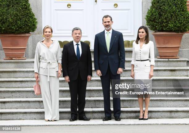 King Felipe VI of Spain and Queen Letizia of Spain receive the President of Colombia Juan Manuel Santos and his wife Maria Clemencia Rodriguez de...