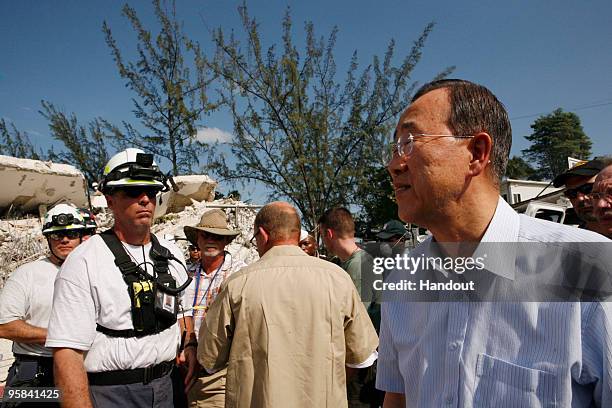 In this handout image provided by the United Nations Stabilization Mission in Haiti , UN Secratary General Ban Ki-moon visits MINUSTAH's former...