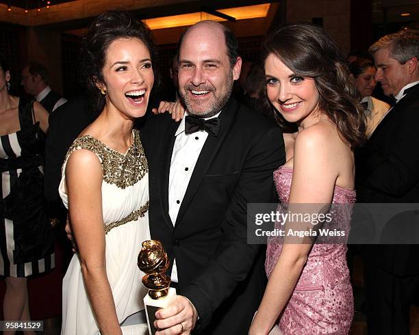 Actress Abigail Spencer, 'Mad Men' creator Matthew Weiner and actress Alison Brie attend AMC's Golden Globes viewing party at The Beverly Hilton...