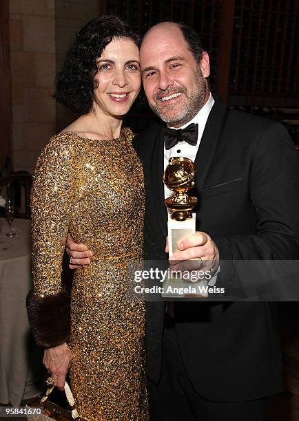 Mad Men' creator Matthew Weiner and his wife Linda Brettler attend AMC's Golden Globes viewing party at The Beverly Hilton Hotel on January 17, 2010...