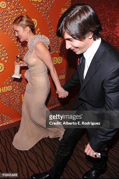 Actors Drew Barrymore and Justin Long arrive at HBO's Post Golden Globe Awards Party held at Circa 55 Restaurant at The Beverly Hilton Hotel on...