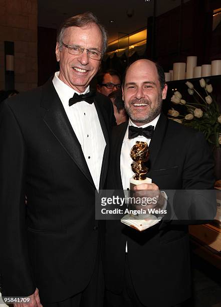 Mad Men' creator Matthew Weiner and actor Chelcie Ross attend AMC's Golden Globes viewing party at The Beverly Hilton Hotel on January 17, 2010 in...