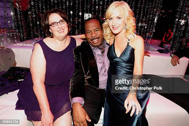 Actors Phyllis Smith, Leslie David Baker and Angela Kinsey attend the NBC Universal and Focus Features' Golden Globes after party sponsored by...
