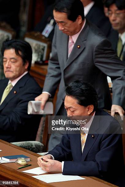 Foreign Minister Katsuya Okada, Deputy Prime Minister and Finance Minister Naoto Kan and Prime Minister Yukio Hatoyama attend the 174th ordinary Diet...