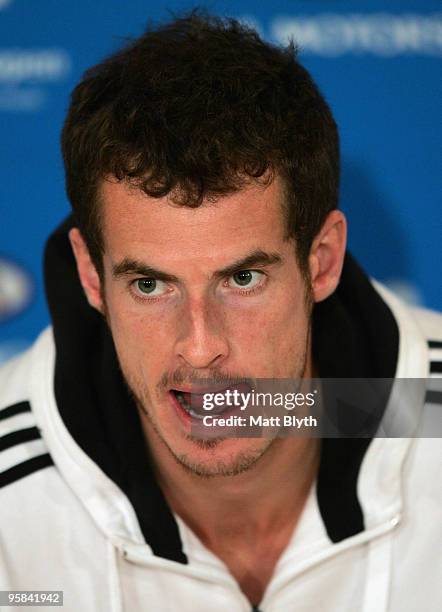 Andy Murray of Great Britain talks to the media during a press conference after his first round match win against Kevin Anderson of South Africa...