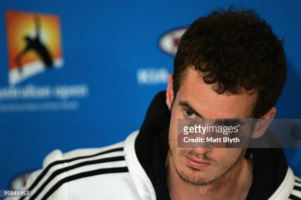 Andy Murray of Great Britain talks to the media during a press conference after his first round match win against Kevin Anderson of South Africa...