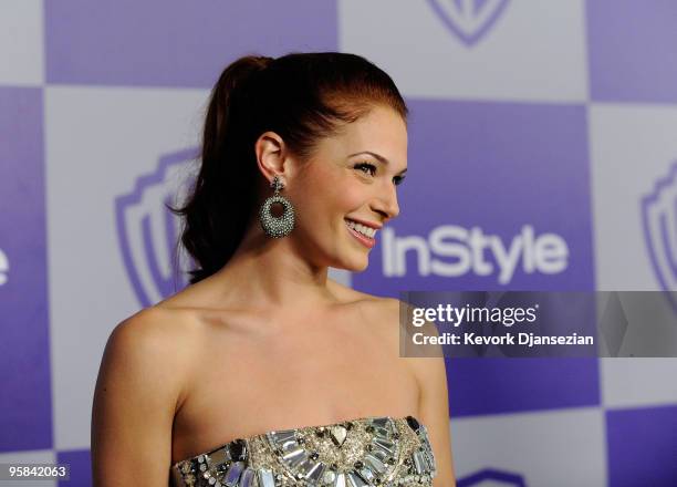 Actress Amanda Righetti arrives at the InStyle and Warner Bros. 67th Annual Golden Globes after party held at the Oasis Courtyard at The Beverly...