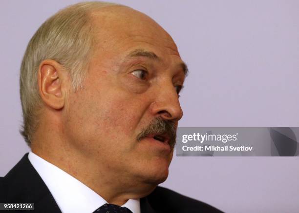 Belarussian President Alexander Lukashenko speeches during the Eurasian Economic Union Summit May 14, 2018 in Sochi, Russia. Leader of Russia,...