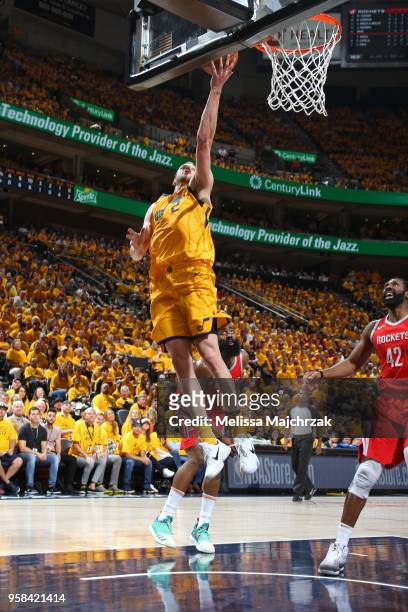 Joe Ingles of the Utah Jazz shoots the ball against the Houston Rockets during Game Four of the Western Conference Semifinals of the 2018 NBA...