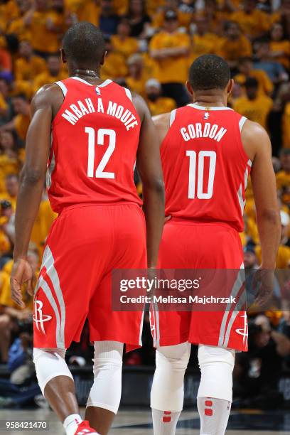 Luc Mbah a Moute and Eric Gordon of the Houston Rockets look on against the Utah Jazz during Game Four of the Western Conference Semifinals of the...