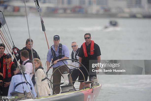 Prince William crews a 79 foot ex-America's Cup Yacht in Auckland Harbour on the first day of his visit to New Zealand on January 17, 2010 in...