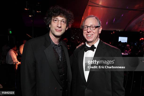 Author Neil Gaiman and Focus' James Schamus at NBC/Universal/Focus Features Golden Globes party at the Beverly Hilton Hotel on January 17, 2010 in...