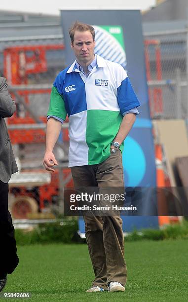 Prince William walks onto the pitch to view developments at Eden Park Stadium ahead of the 2011 Rugby World Cup on the first day of his visit to New...