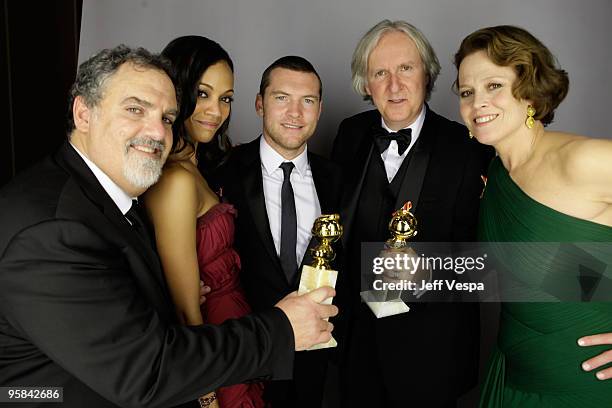 Producer Jon Landau, actress Zoe Saldana, actor Sam Worthington, director James Cameron and actress Sigourney Weaver pose for a portrait backstage...