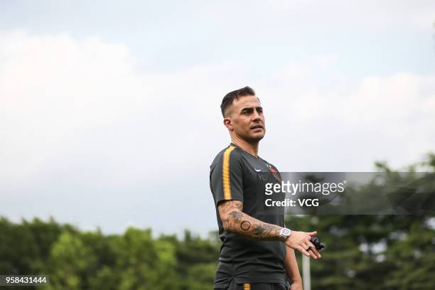 Head coach Fabio Cannavaro of Guangzhou Evergrande attends a training session ahead of the AFC Champions League Round of 16 second leg match between...