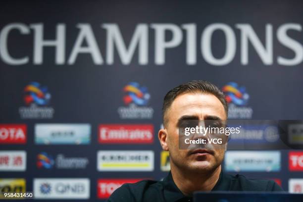 Head coach Fabio Cannavaro of Guangzhou Evergrande attends a press conference ahead of the AFC Champions League Round of 16 second leg match between...