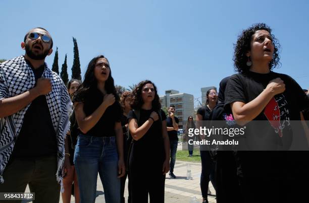 Group of demonstrators gathered in front of Tel Aviv University to stage a demonstration marking the 70th anniversary of Nakba, also known as Day of...