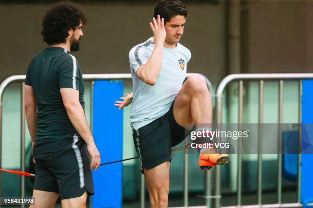 Alexandre Pato of Tianjin Quanjian attends a training session ahead of the AFC Champions League Round of 16 second leg match between Guangzhou...