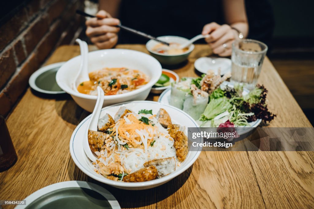 Freshly made Thai gourmet served on table in restaurant