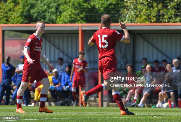 Herbie Kane of Liverpool celebrates his goal with Glen McAuley at The Kirkby Academy on May 14, 2018 in Kirkby, England.