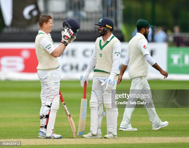 Dublin , Ireland - 14 May 2018; Kevin O'Brien of Ireland, left, with team-mate Stuart Thompson after bringing up his fiftieth run during day four of...