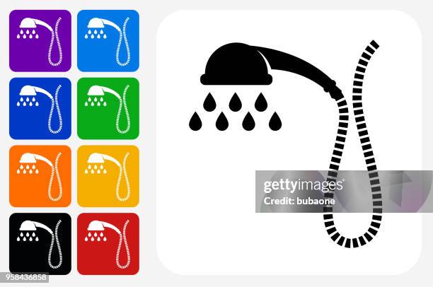 shower head icon square button set - bathroom render stock illustrations