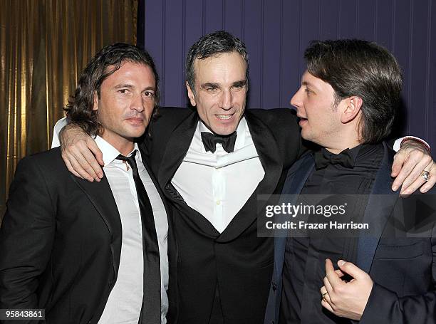 Actor Daniel Day-Lewis and Vice Presidents of Belstaff Manuele Malenotti and Michele Malenotti attends The Weinstein Company Golden Globes After...