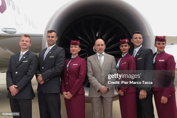 Akbar Al Baker, CEO of Qatar airways, pose with hostess and steward with the new uniform in front of a Boeing 737 Max of new the airline Air Italy...