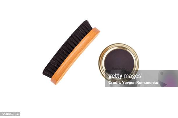 shoe brush and neutral color wax polish isolated on white background - black shoe wax stock pictures, royalty-free photos & images
