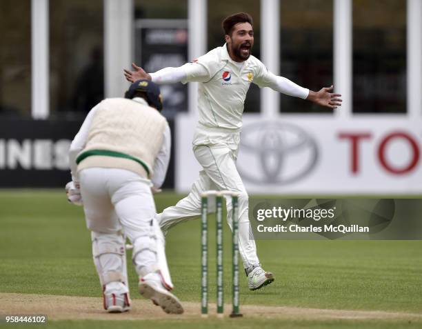 Mohammad Amir celebrates after taking the wicket of Gary Wilson of Ireland during the fourth day of the international test cricket match between...