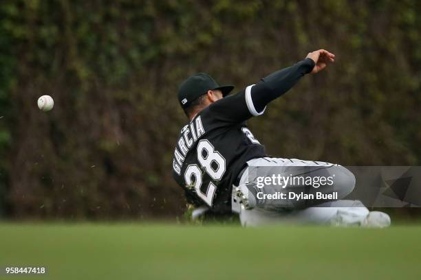 Leury Garcia of the Chicago White Sox fails to make a catch in the first inning against the Chicago Cubs at Wrigley Field on May 12, 2018 in Chicago,...