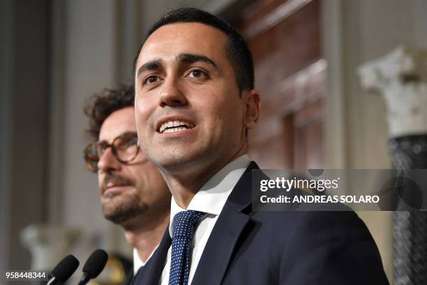 Anti-establishment Five Star Movement leader Luigi Di Maio speaks to the press after a meeting with Italian President Sergio Mattarella as part of...
