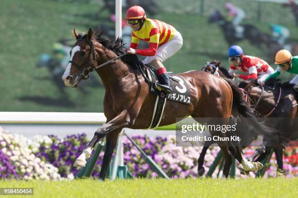 Jockey Mirco Demuro riding Hagino Ares wins the Race 9 Kamogawa Tokubetsu at Kyoto Racecourse on May 5, 2018 in Kyoto, Japan.