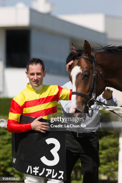 Jockey Mirco Demuro riding Hagino Ares wins the Race 9 Kamogawa Tokubetsu at Kyoto Racecourse on May 5, 2018 in Kyoto, Japan.