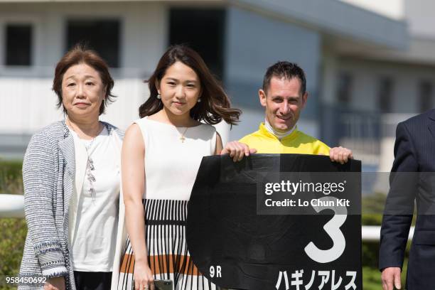 Jockey Mirco Demuro and owners celebrate after Hagino Ares winning the Race 9 Kamogawa Tokubetsu at Kyoto Racecourse on May 5, 2018 in Kyoto, Japan.