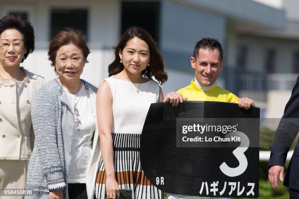 Jockey Mirco Demuro and owners celebrate after Hagino Ares winning the Race 9 Kamogawa Tokubetsu at Kyoto Racecourse on May 5, 2018 in Kyoto, Japan.