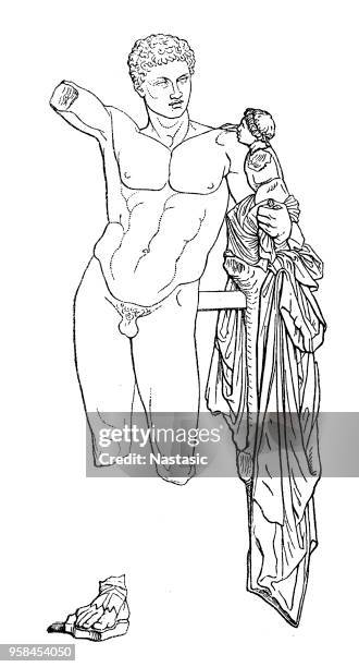 hermes and the infant dionysus, also known as the hermes of praxiteles or the hermes of olympia - ancient olympia greece stock illustrations