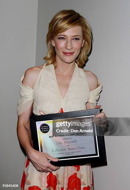 Cate Blanchett displays the award for Best Actress in a leading role for A Streetcar Named Desire at the 2009 Sydney Theatre Awards, rewarding work...