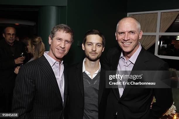Lionsgate's Jon Feltheimer, Tobey Maguire and Lionsgate's Joe Drake at Lionsgate pre Golden Globe party at the Polo Lounge at the Beverly Hills Hotel...