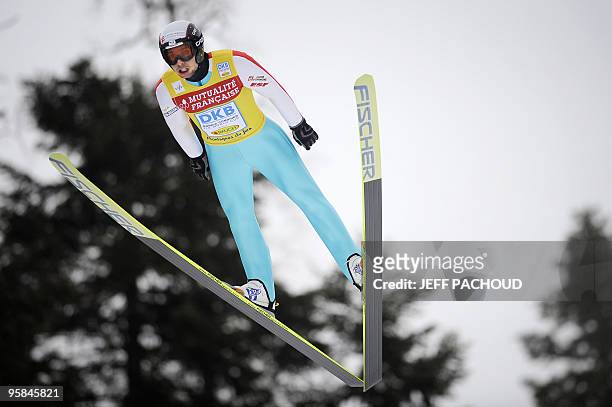 French skier and current World Cup leader Jason Lamy Chappuis jumps, on January 17 in Chaux-Neuve, during the 13th Nordic Combined World Cup...