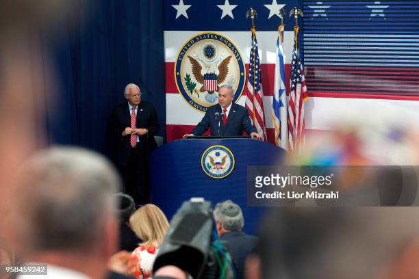 Israel's Prime Minister Benjamin Netanyahu speaks on stage on during the opening of the US embassy in Jerusalem on May 14, 2018 in Jerusalem, Israel....