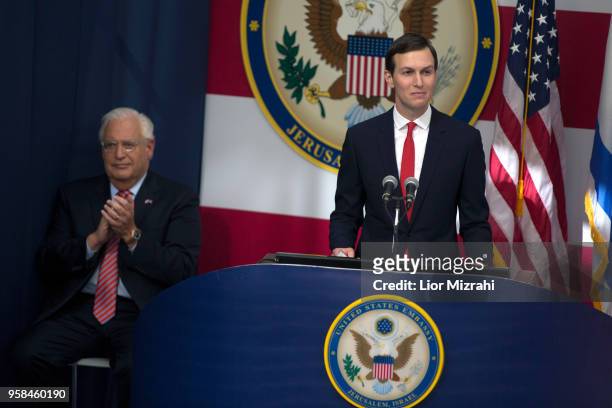 Senior White House Advisor Jared Kushner speaks on stage as U.S. Ambassador to Israel David Friedman looks on during the opening of the US embassy in...