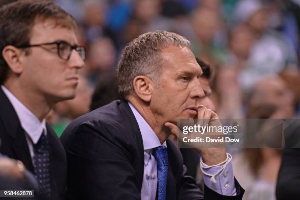 Bryan Colangelo of the Philadelphia 76ers looks on during Game Five of the Eastern Conference Semifinals of the 2018 NBA Playoffs against the Boston...