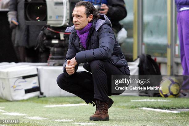 Fiorentina head coach Cesare Prandelli looks during the Serie A match between Fiorentina and Bologna at Stadio Artemio Franchi on January 17, 2010 in...